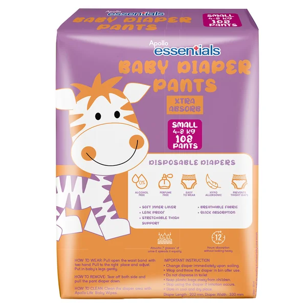 Apollo Essentials Xtra Absorb Baby Diaper Pants Small, 108 Count, Pack of 1
