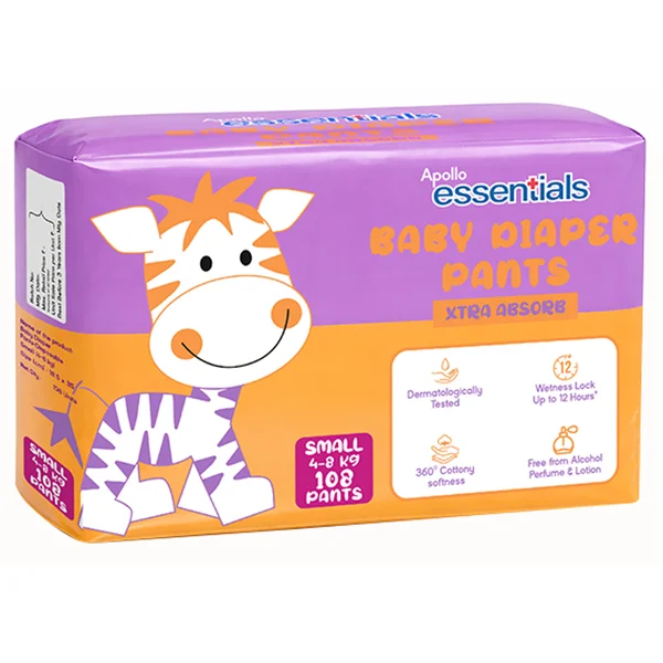 Apollo Essentials Xtra Absorb Baby Diaper Pants Small, 108 Count