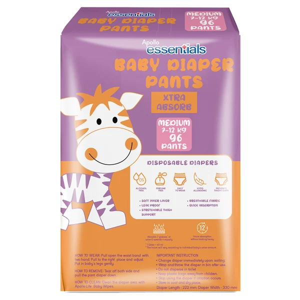 Apollo Essentials Xtra Absorb Baby Diaper Pants Medium, 96 Count