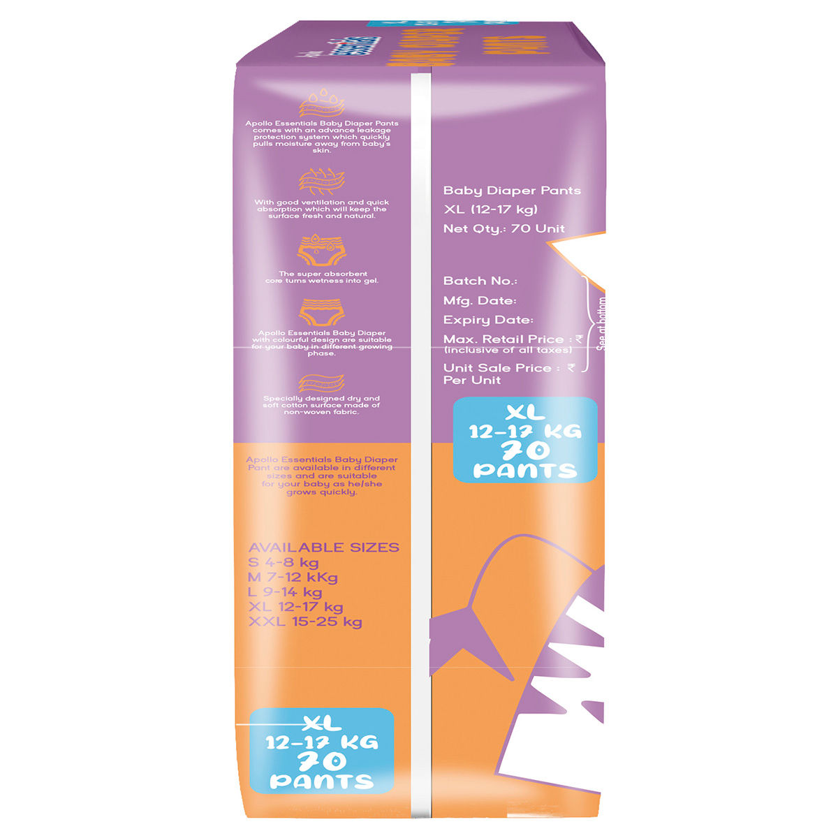 Buy Apollo Essentials Xtra Absorb Baby Diaper Pants XL, 70 Count | 19 ...