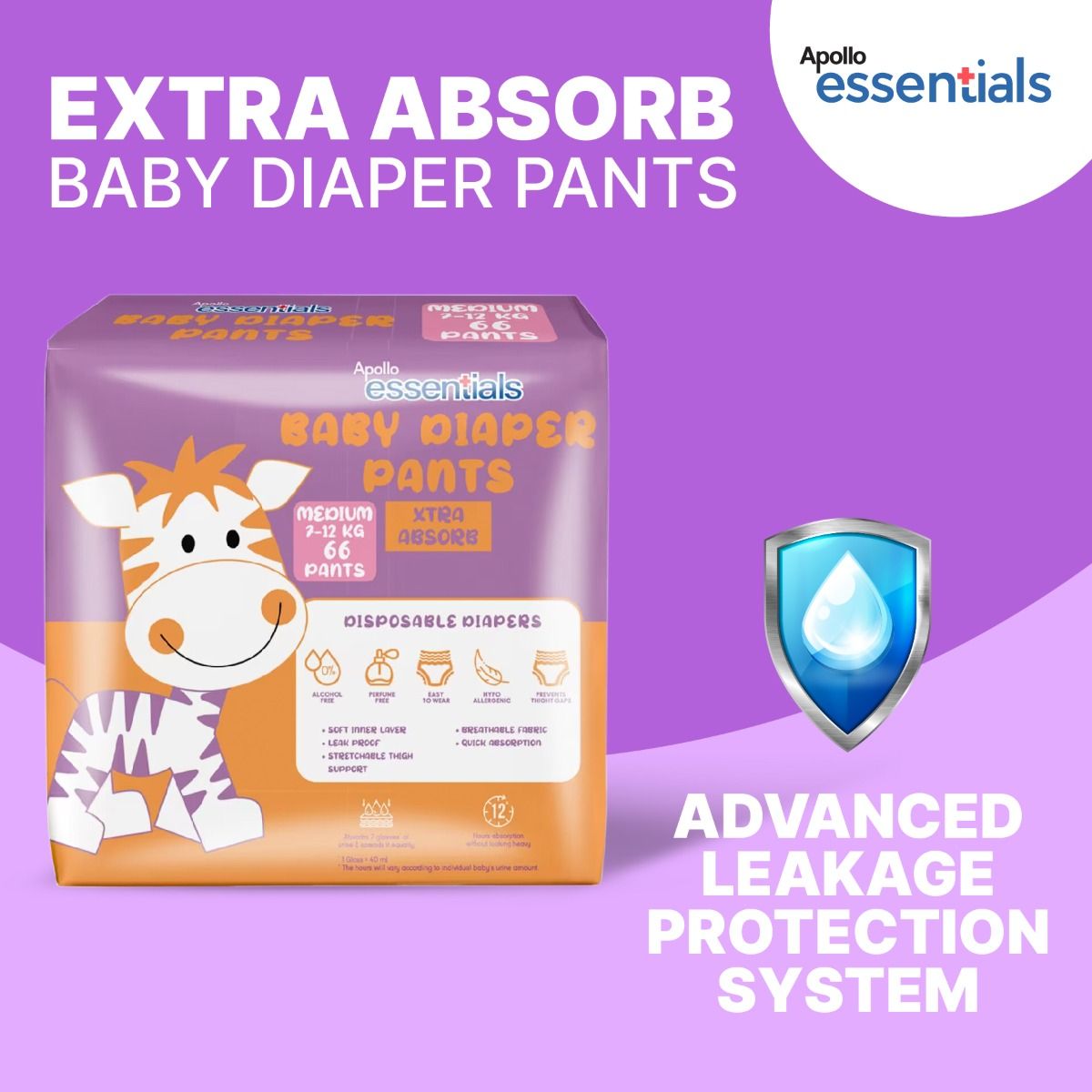Apollo Essentials Extra Absorb Baby Diaper Pants Medium, 66 Count Price