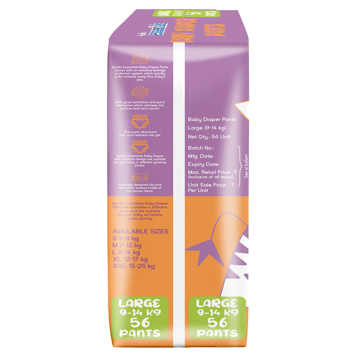 Apollo Essentials Xtra Absorb Baby Diaper Pants Large, 56 Count, Pack of 1 Apollo Essentials Xtra Absorb Baby Diaper Pants Large, 56 Count, Pack of 1