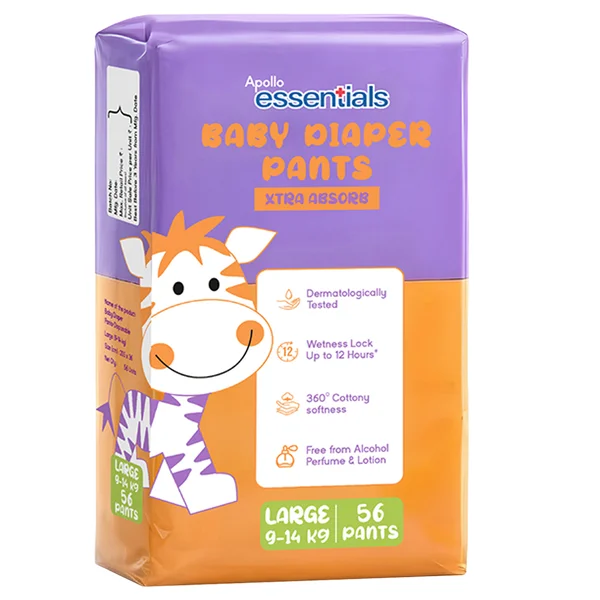 Apollo Essentials Xtra Absorb Baby Diaper Pants Large, 56 Count