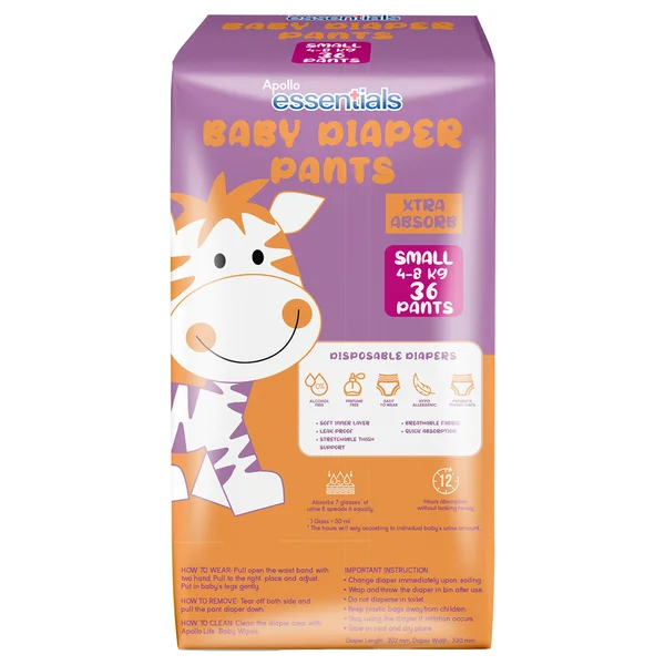 Apollo Essentials Xtra Absorb Baby Diaper Pants Small, 36 Count, Pack of 1
