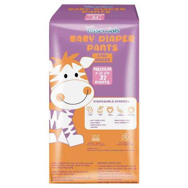 Apollo Essentials Xtra Absorb Baby Diaper Pants Medium, 32 Count