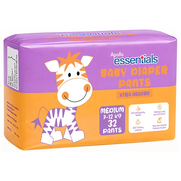 Apollo Essentials Xtra Absorb Baby Diaper Pants Medium, 32 Count