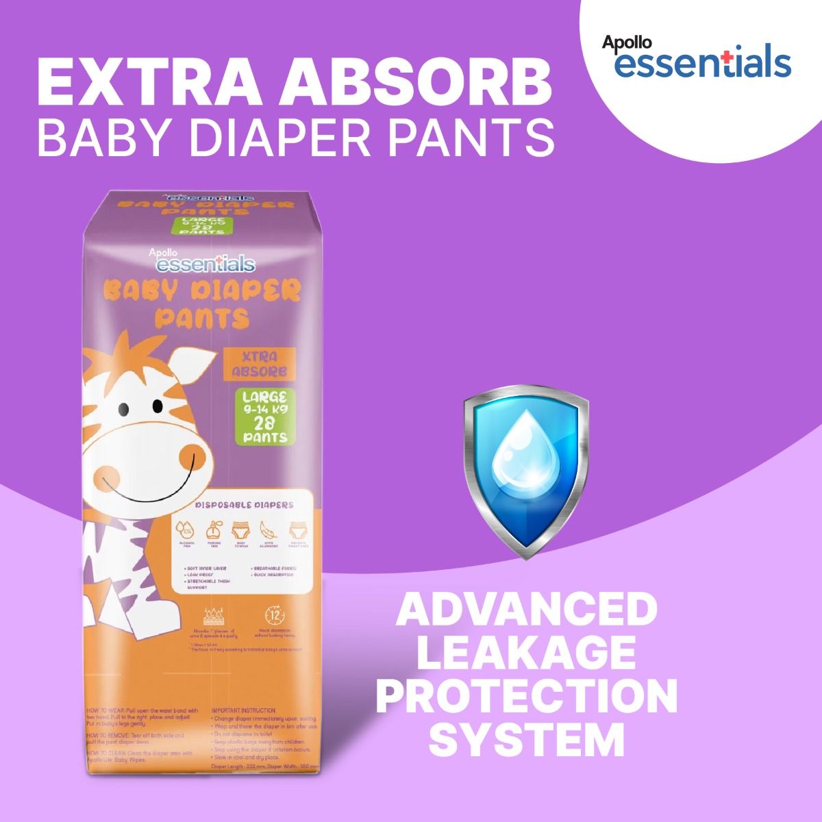 Apollo Essentials Extra Absorb Baby Diaper Pants Large, 28 Count Price