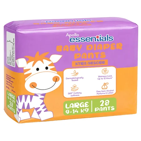 Apollo Essentials Xtra Absorb Baby Diaper Pants Large, 28 Count