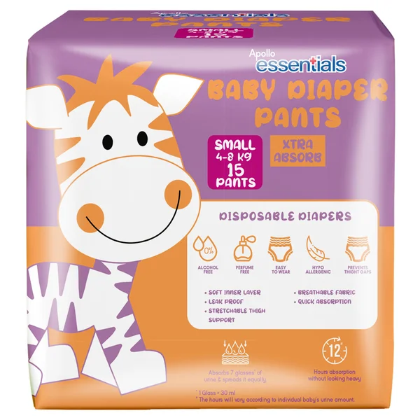 Apollo Essentials Xtra Absorb Baby Diaper Pants Small, 15 Count, Pack of 1