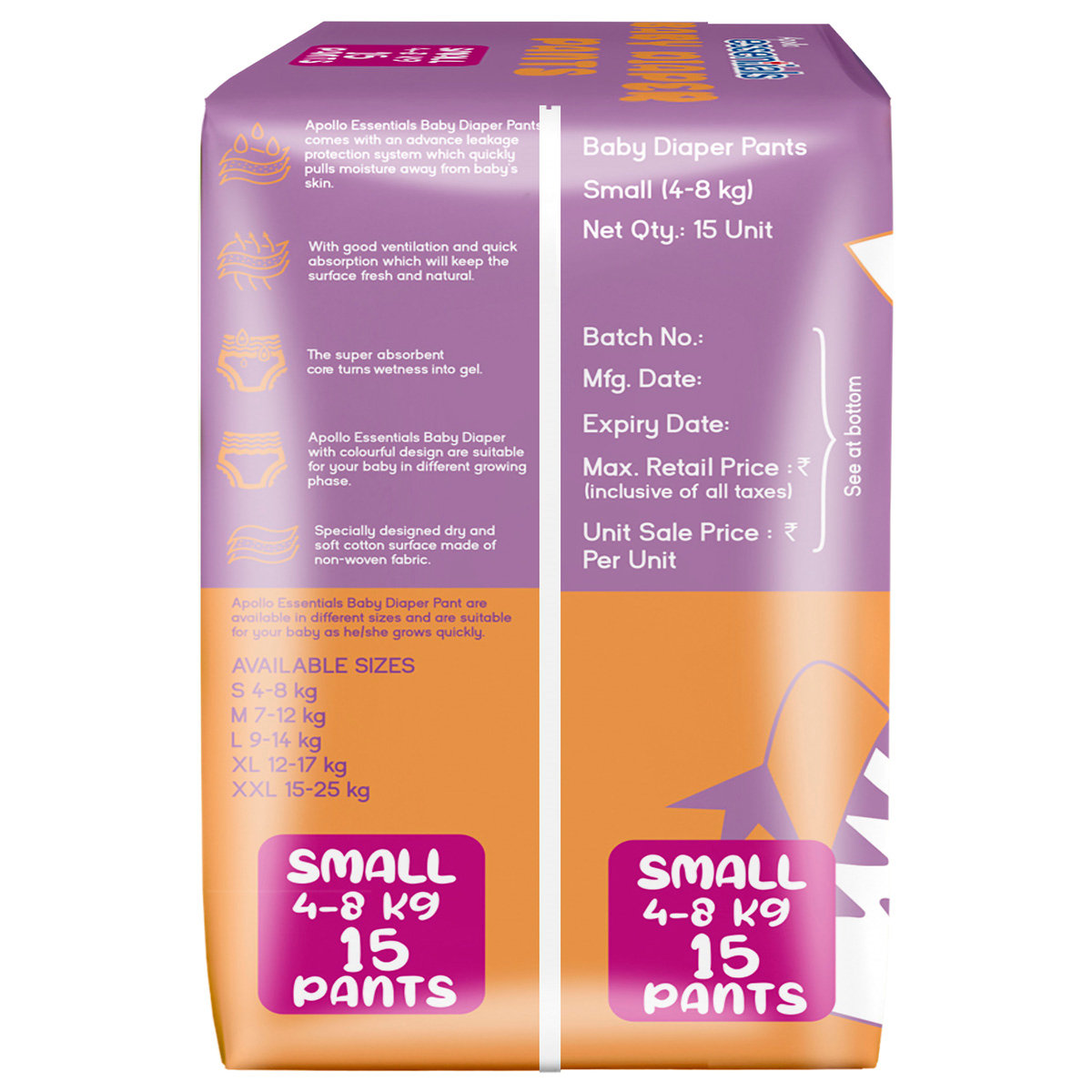 Apollo Essentials Xtra Absorb Baby Diaper Pants Small, 15 Count, Pack of 1 Apollo Essentials Xtra Absorb Baby Diaper Pants Small, 15 Count, Pack of 1