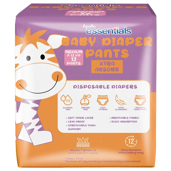Apollo Essentials Xtra Absorb Baby Diaper Pants Medium, 12 Count, Pack of 1