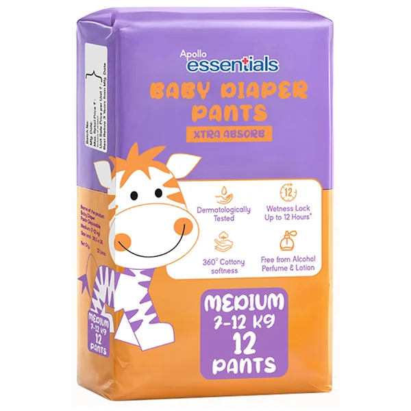 Apollo Essentials Xtra Absorb Baby Diaper Pants Medium, 12 Count