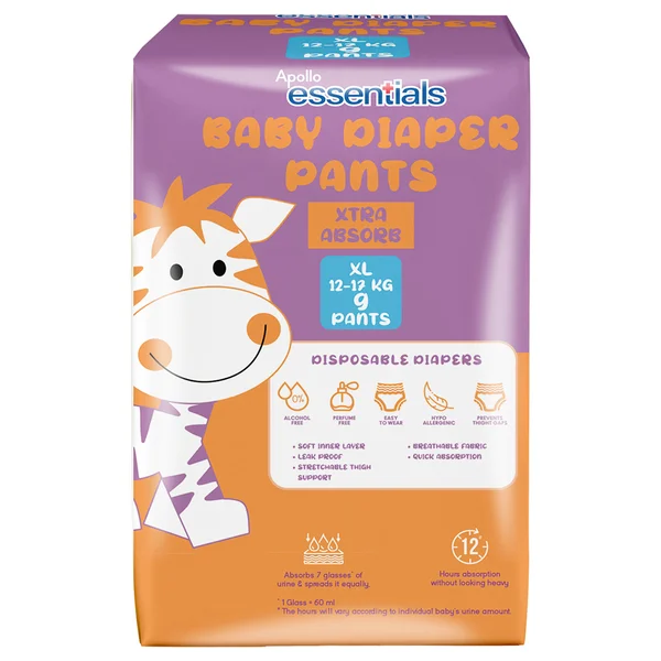 Apollo Essentials Xtra Absorb Baby Diaper Pants XL, 9 Count, Pack of 1