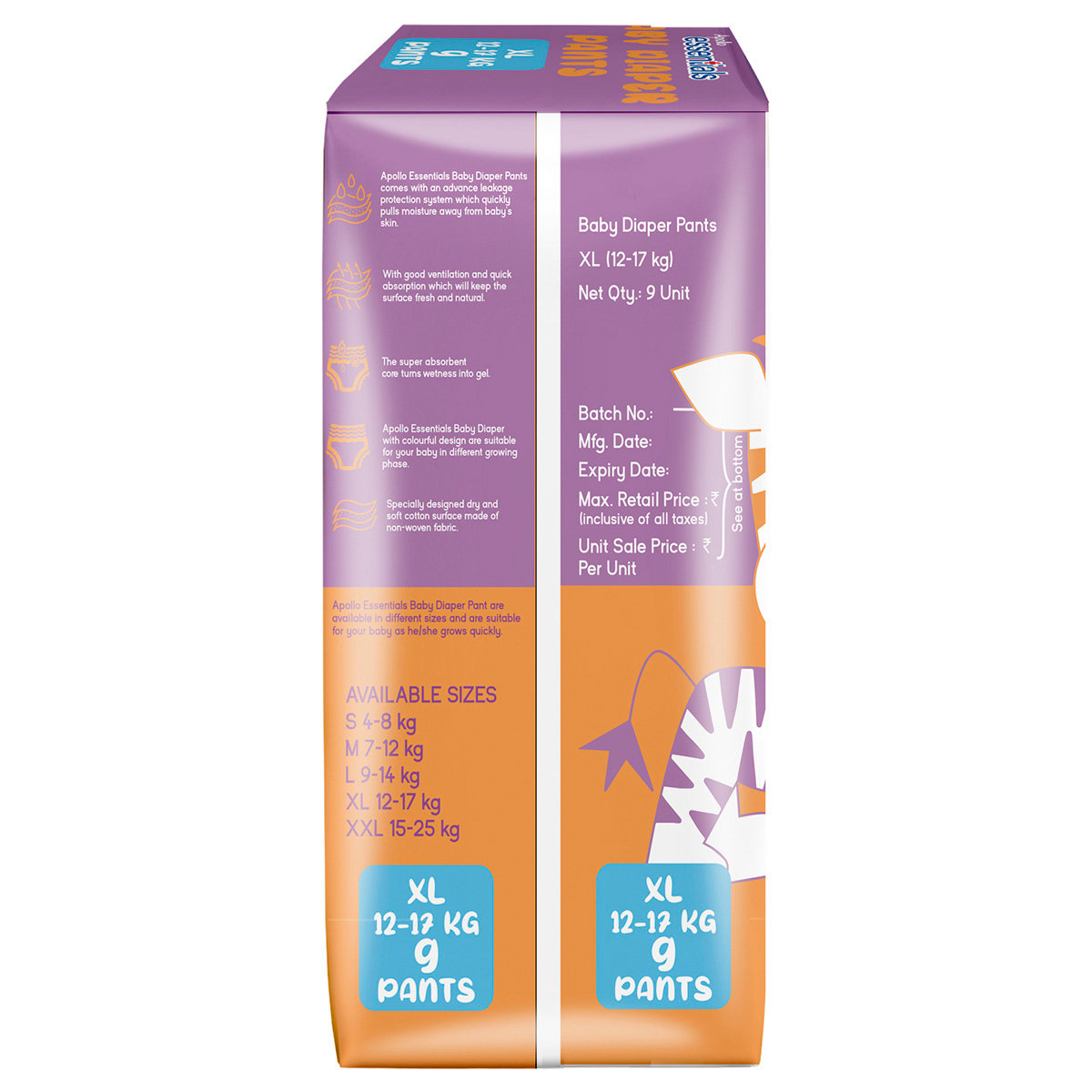 Apollo Essentials Xtra Absorb Baby Diaper Pants XL, 9 Count, Pack of 1 Apollo Essentials Xtra Absorb Baby Diaper Pants XL, 9 Count, Pack of 1