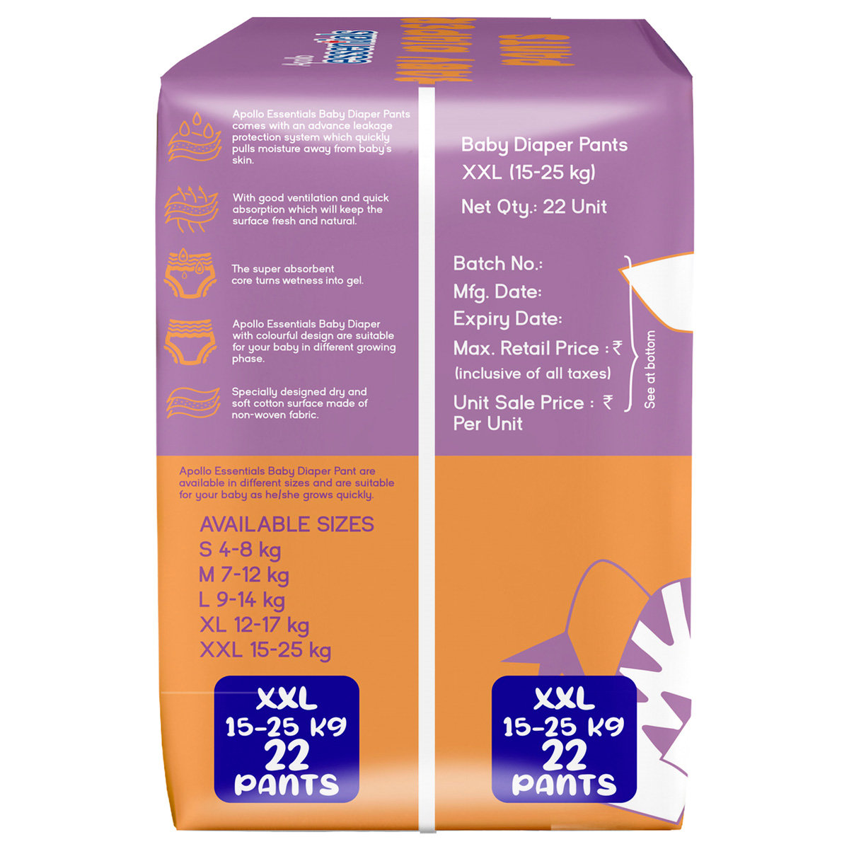 Apollo Essentials Xtra Absorb Baby Diaper Pants XXL, 22 Count, Pack of 1 Apollo Essentials Xtra Absorb Baby Diaper Pants XXL, 22 Count, Pack of 1