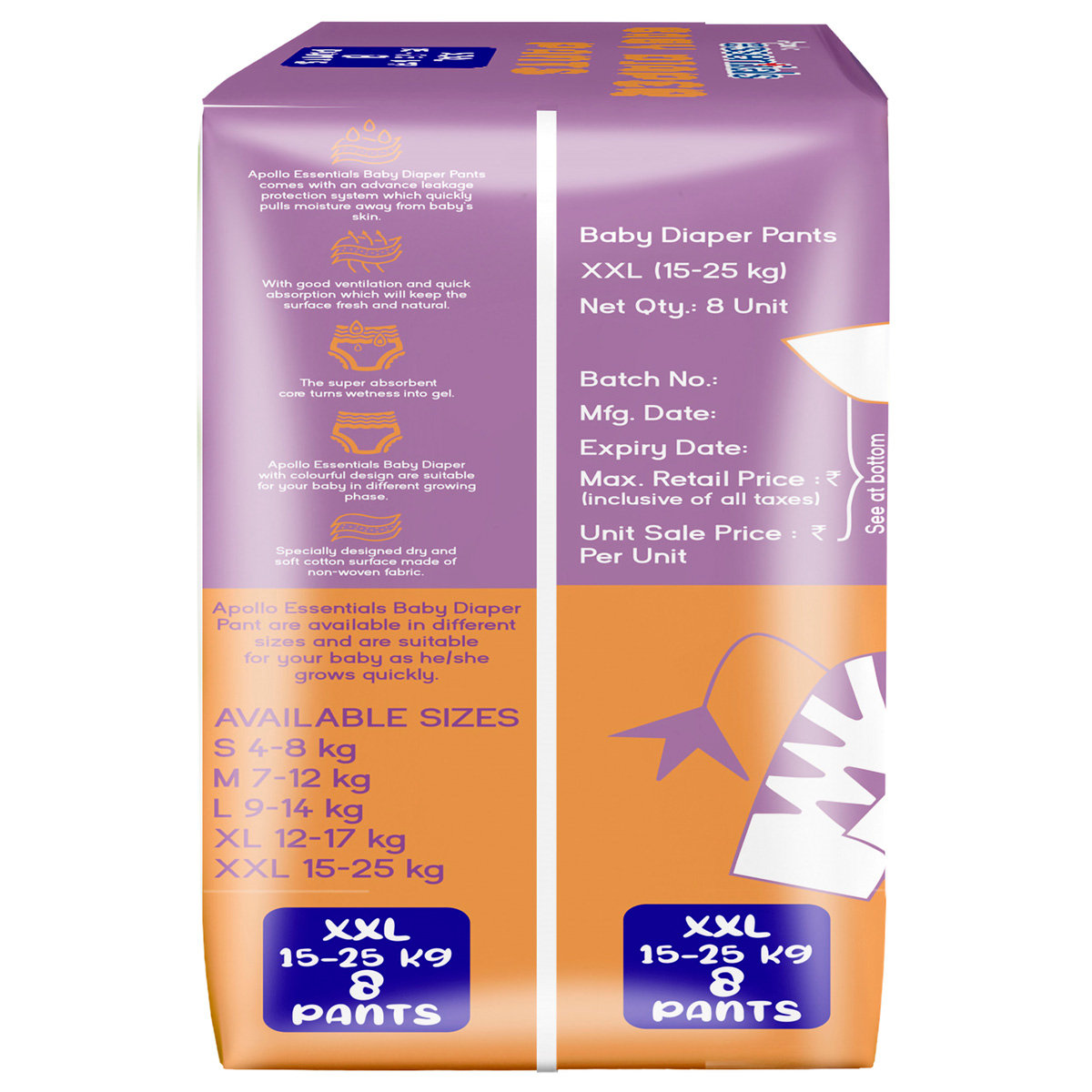 Apollo Essentials Xtra Absorb Baby Diaper Pants XXL, 8 Count, Pack of 1 Apollo Essentials Xtra Absorb Baby Diaper Pants XXL, 8 Count, Pack of 1