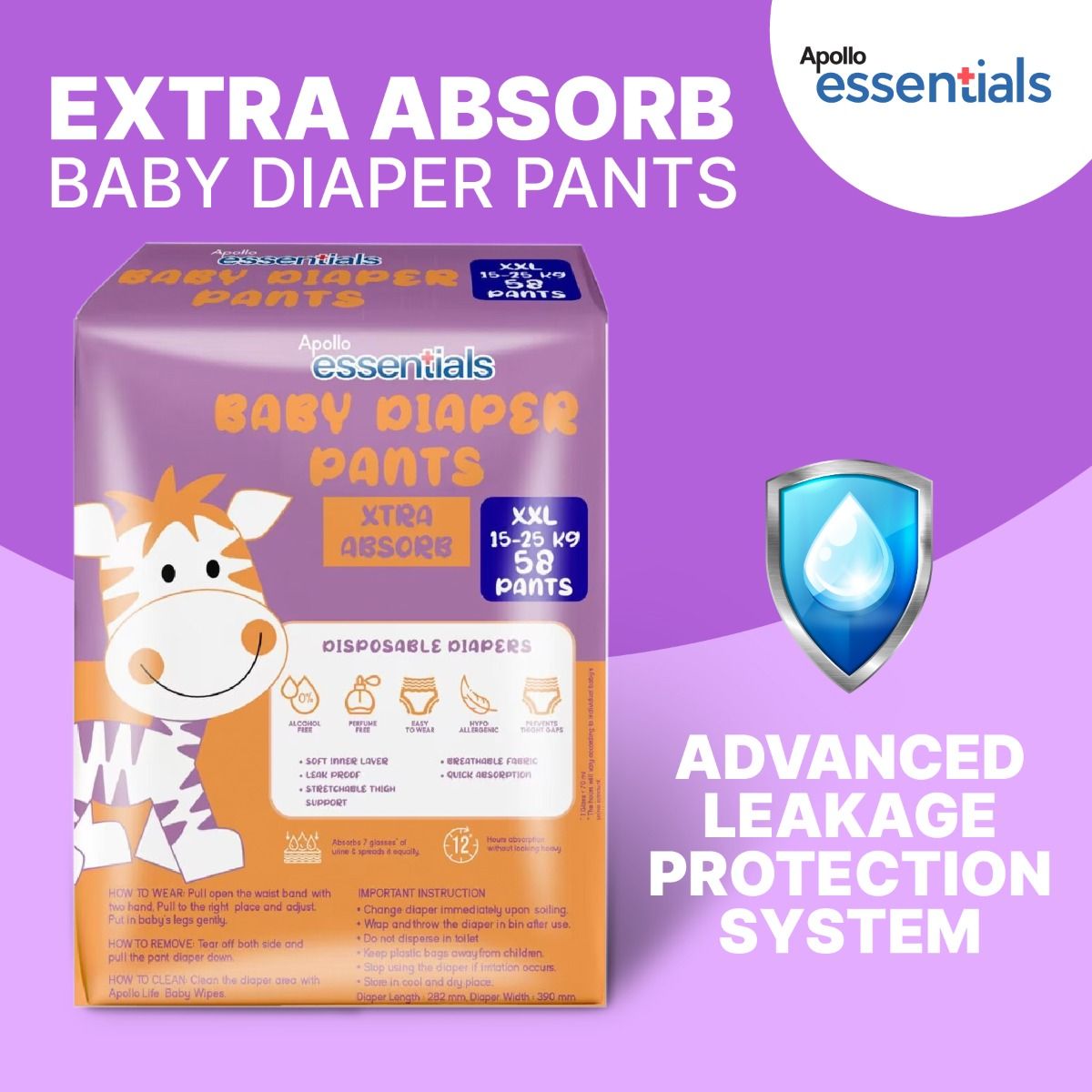 Apollo Essentials Extra Absorb Baby Diaper Pants XXL, 58 Count Price