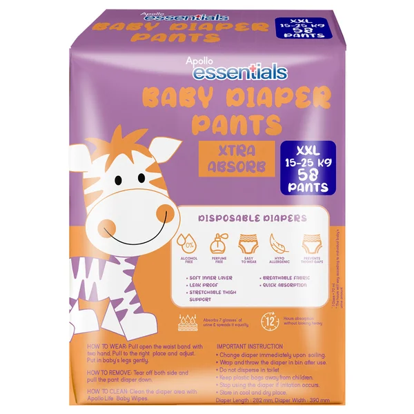 Apollo Essentials Xtra Absorb Baby Diaper Pants XXL, 58 Count, Pack of 1