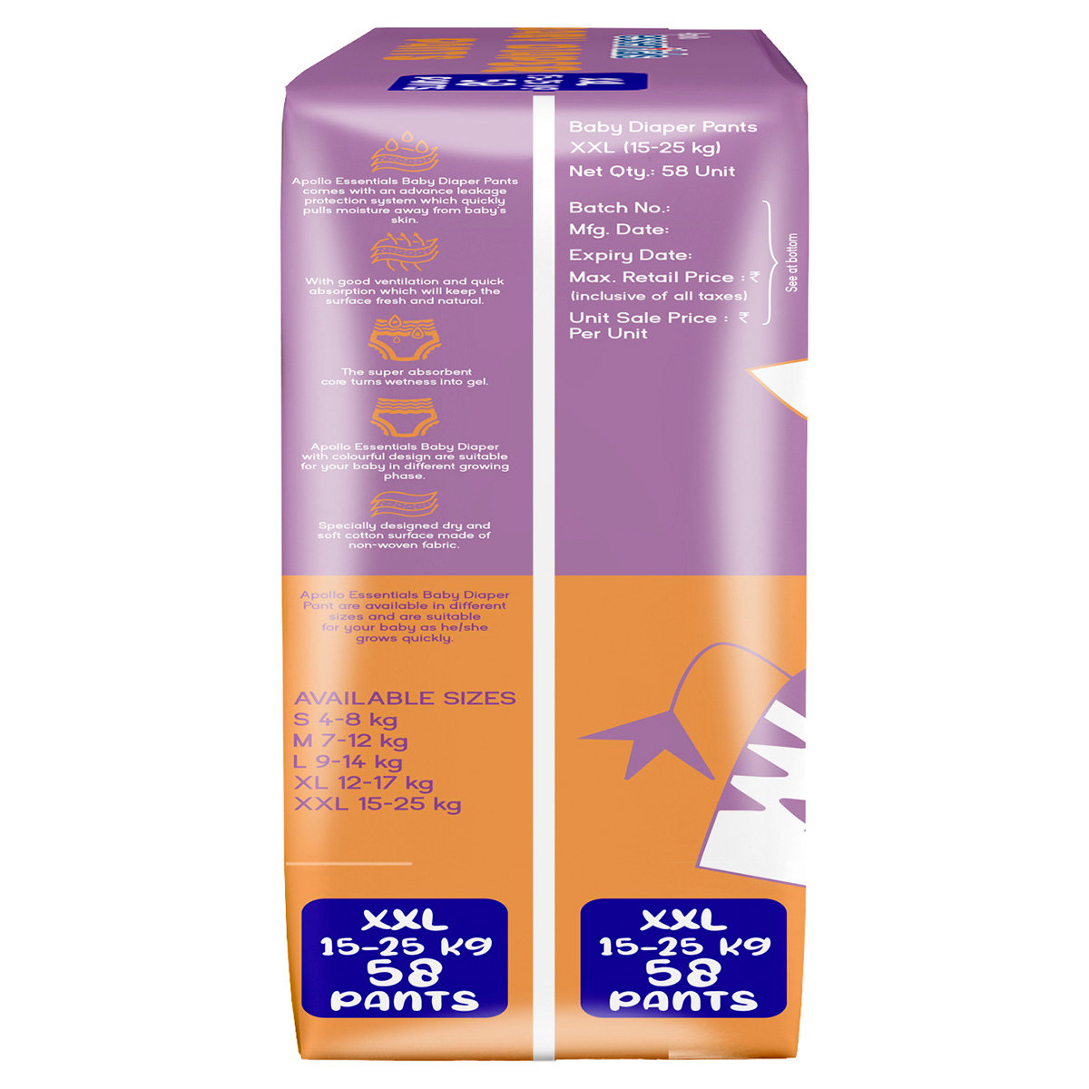 Apollo Essentials Xtra Absorb Baby Diaper Pants XXL, 58 Count, Pack of 1 Apollo Essentials Xtra Absorb Baby Diaper Pants XXL, 58 Count, Pack of 1