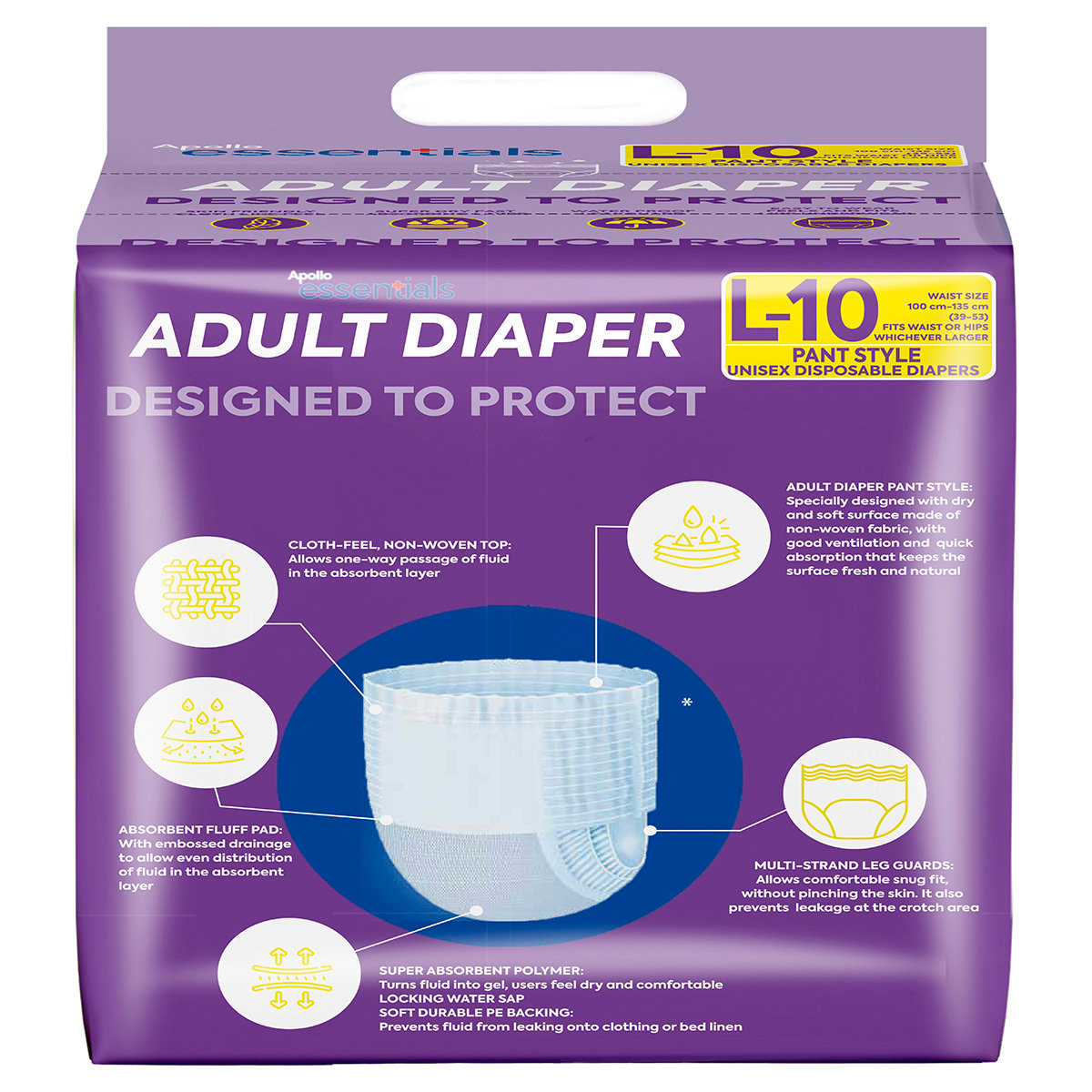 Apollo Essentials Adult Diaper Pant Style Unisex Large, 10 Count, Pack of 1 Apollo Essentials Adult Diaper Pant Style Unisex Large, 10 Count, Pack of 1