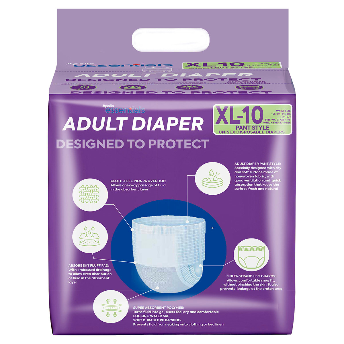 Apollo Essentials Adult Diaper Pant Style Unisex XL, 10 Count, Pack of 1 Apollo Essentials Adult Diaper Pant Style Unisex XL, 10 Count, Pack of 1