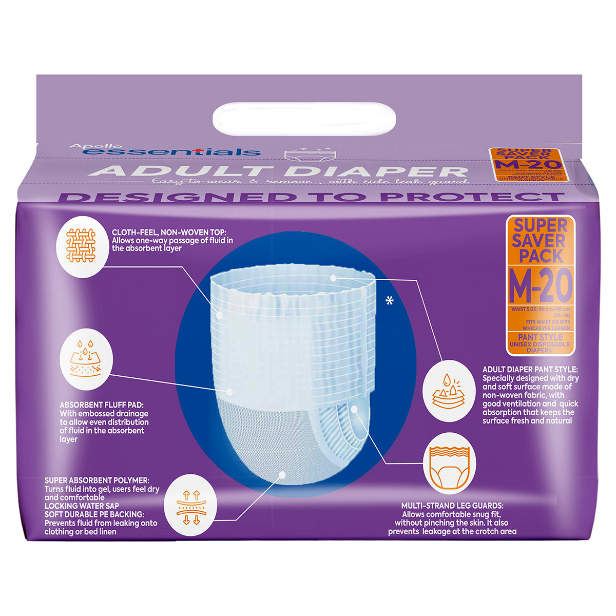 Apollo Essentials Adult Diaper Pant Unisex Medium, 20 Count, Pack of 1 Apollo Essentials Adult Diaper Pant Unisex Medium, 20 Count, Pack of 1