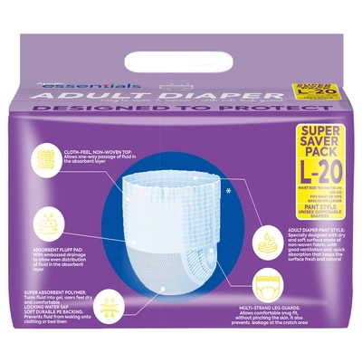 Apollo Essentials Adult Diaper Unisex Large, 20 Count, Pack of 1