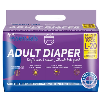 Apollo Essentials Adult Diaper Unisex Large, 20 Count, Pack of 1