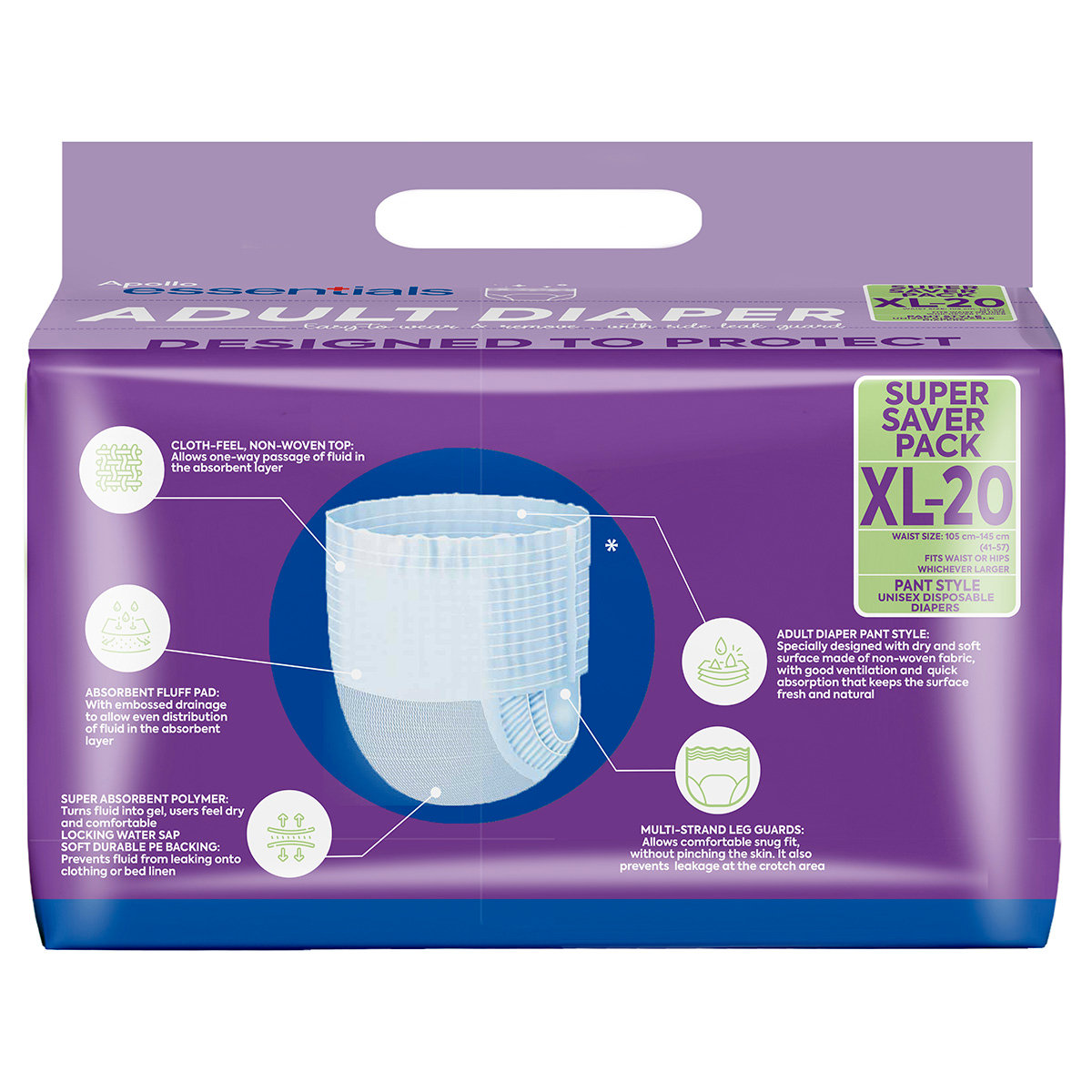 Apollo Essentials Adult Diaper Pant Style Unisex XL, 20 Count, Pack of 1 Apollo Essentials Adult Diaper Pant Style Unisex XL, 20 Count, Pack of 1