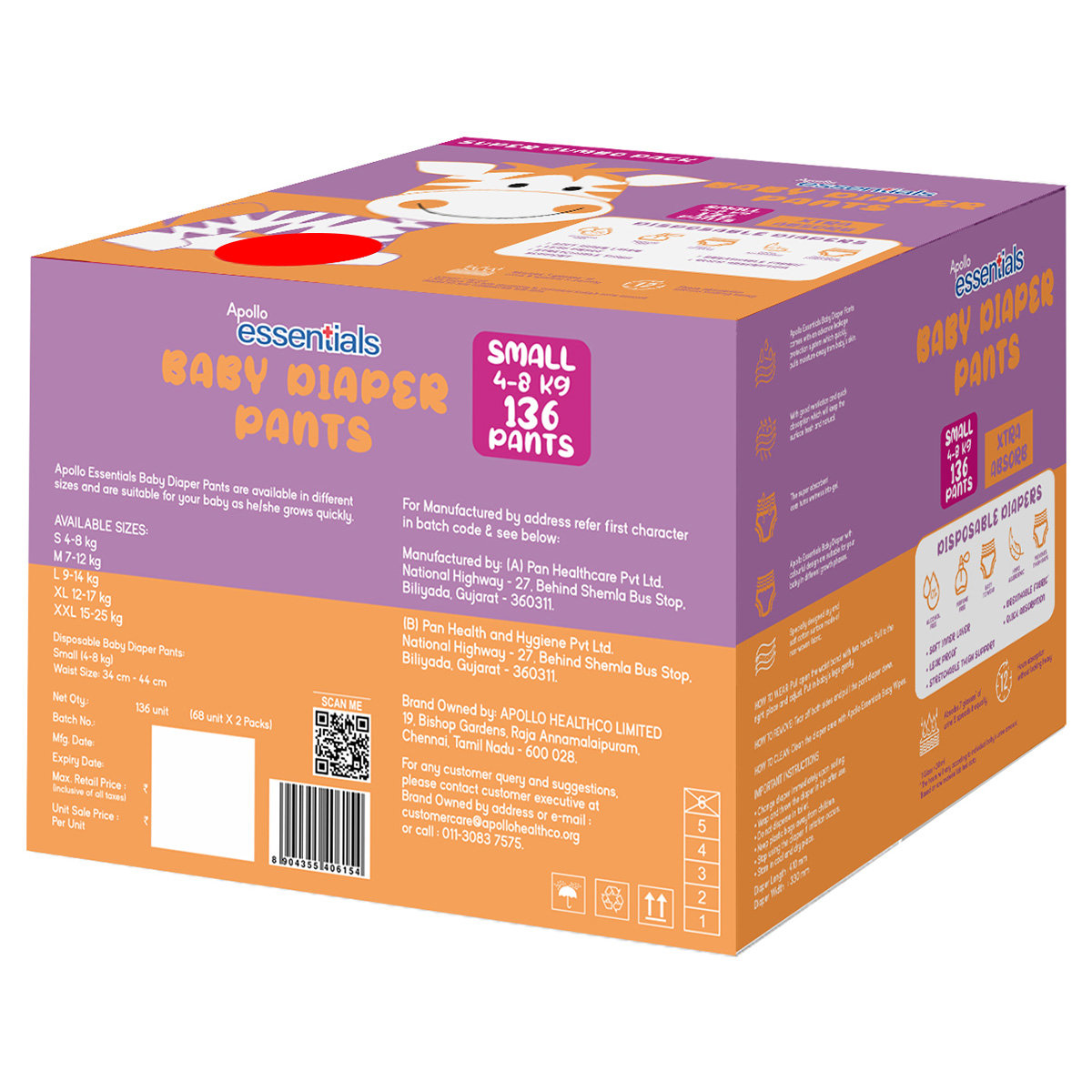 Apollo Essentials Baby Diaper Pants Small, 136 Count (2x68), Pack of 1 Apollo Essentials Baby Diaper Pants Small, 136 Count (2x68), Pack of 1