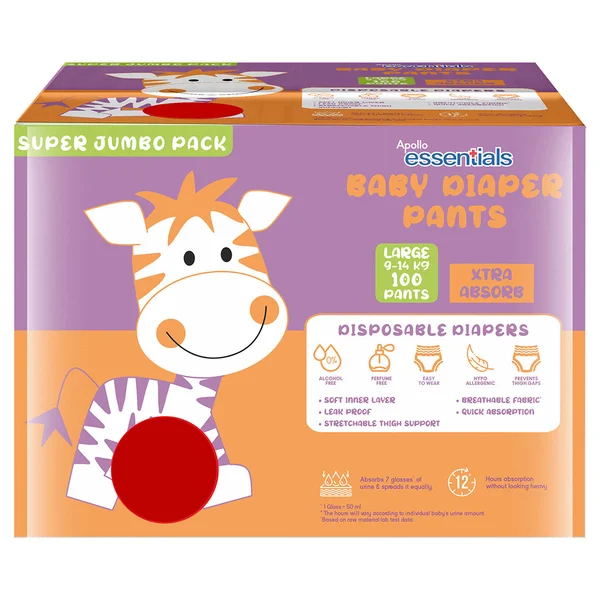 Apollo Essentials Baby Diaper Pants Large, 100 Count (2x50), Pack of 1