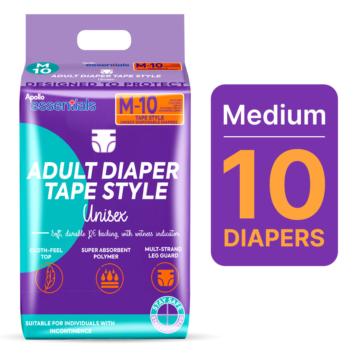Apollo Essentials Adult Diaper Tape Unisex Medium, 10 Count, Pack of 1 