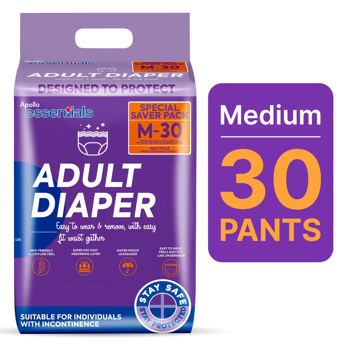 Buy Apollo Essentials Adult Diaper Pant Unisex Medium, 30 Count Online
