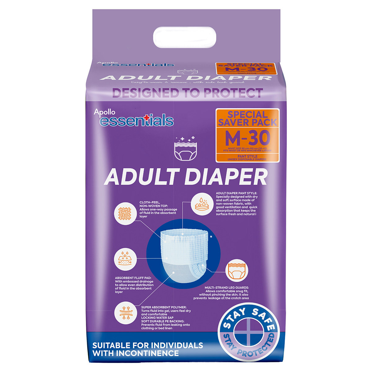 Apollo Essentials Adult Diaper Pant Unisex Medium, 30 Count, Pack of 1 Apollo Essentials Adult Diaper Pant Unisex Medium, 30 Count, Pack of 1