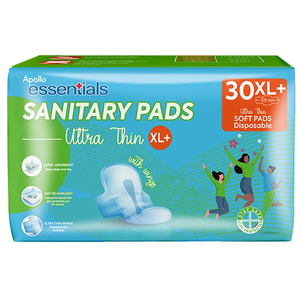 Apollo Essentials Sanitary Pads With Wings XL+ 320 mm, 30 count