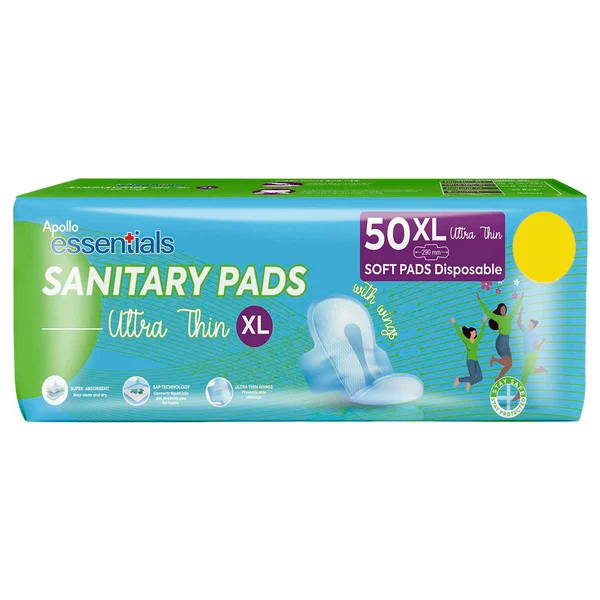 Apollo Essentials Sanitary Pads Ultrathin With Wings XL 290 mm, 50 count