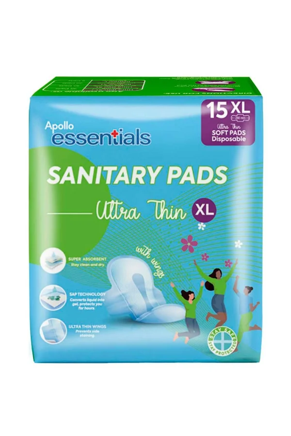 Apollo Essentials Sanitary Pads Ultrathin With Wings XL 290 mm, 15 count