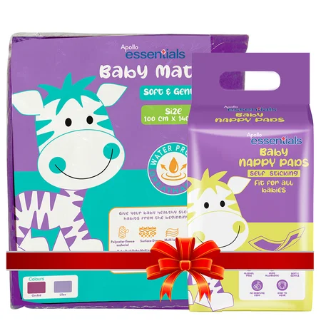 Apollo Essentials Baby Matt (Lilac) + Apollo Essentials Baby Nappy Pads 30 Count, Combo Pack