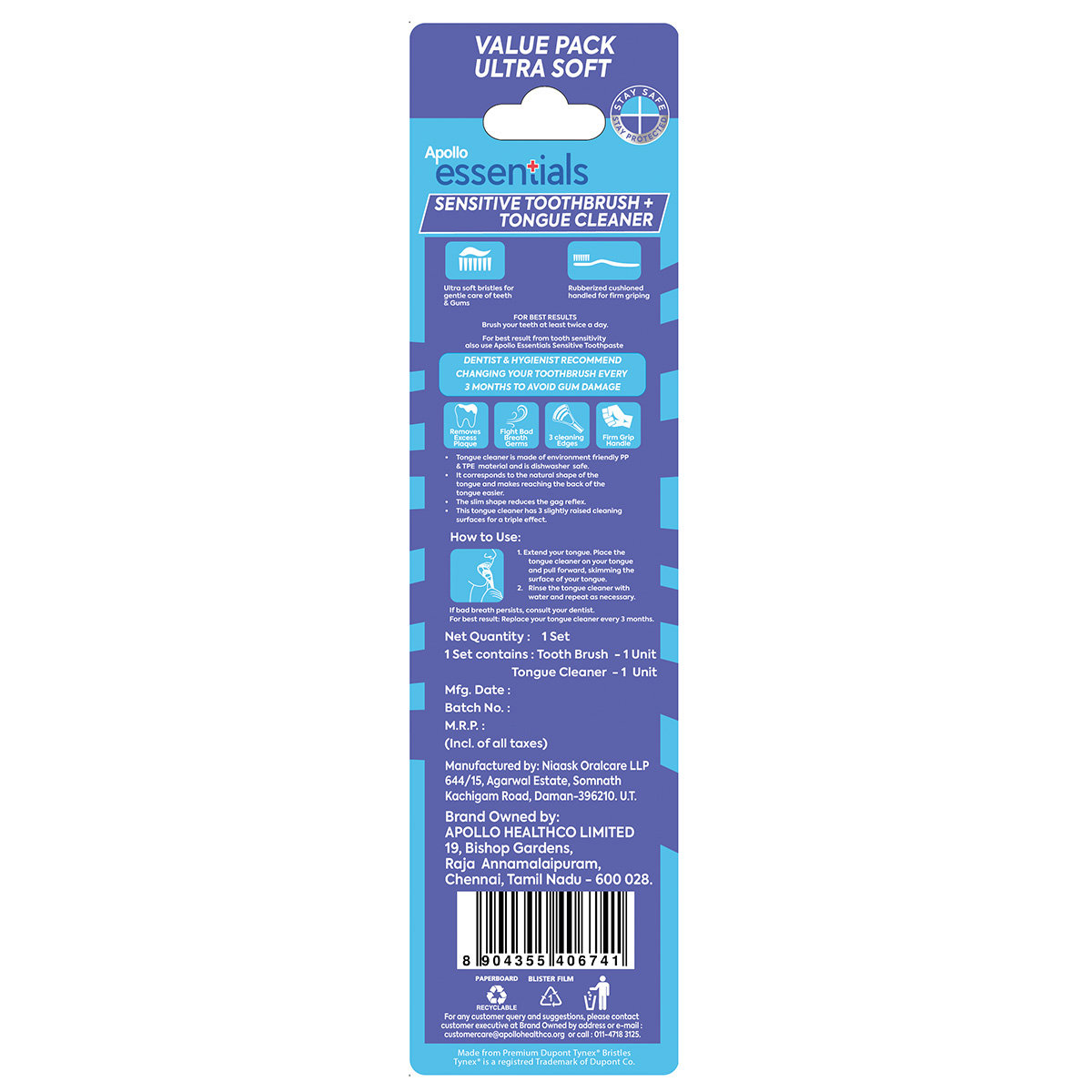 Apollo Essentials Sensitive Toothbrush with Tongue Cleaner, 2 Count, Pack of 2 Apollo Essentials Sensitive Toothbrush with Tongue Cleaner, 2 Count, Pack of 2