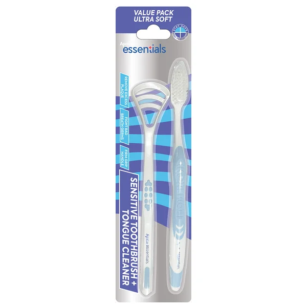 Apollo Essentials Sensitive Toothbrush with Tongue Cleaner, 2 Count, Pack of 2