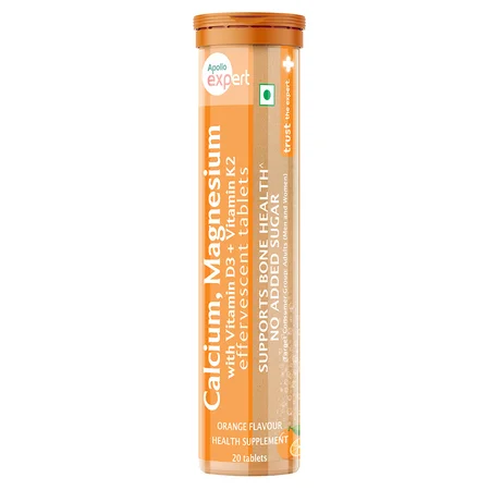 Apollo Expert Calcium, Magnesium with Vitamin D Sugar Free Orange Flavour, 20 Effervescent Tablets