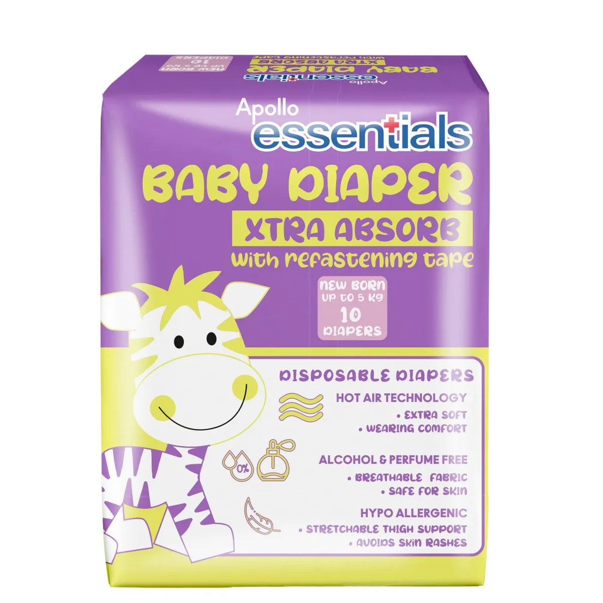 Apollo Essentials Xtra Absorb Baby Diapers New Born, 10 Count