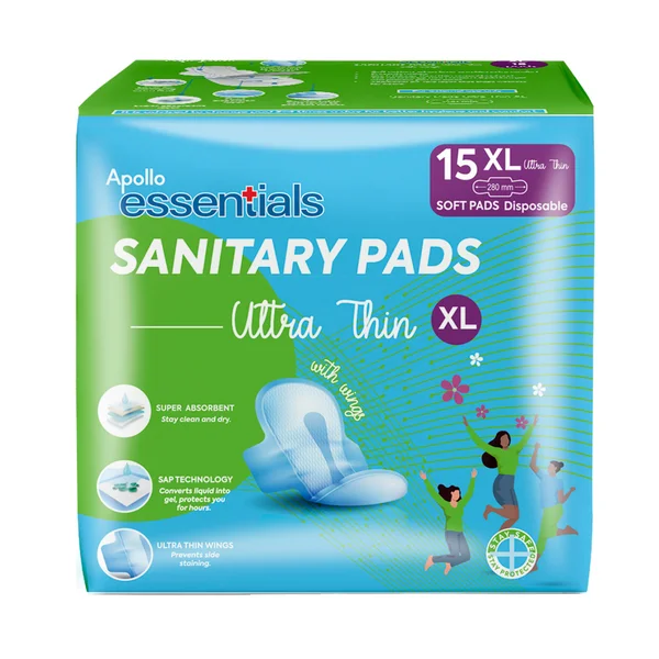 Apollo Essentials Sanitary Pads Ultrathin XL 280mm, 15 Count