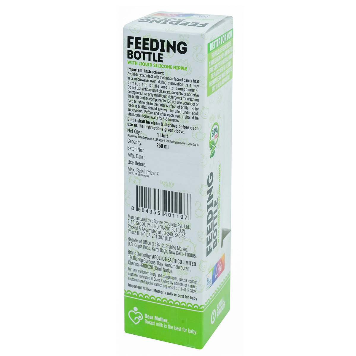 Apollo Pharmacy Feeding Bottle, 250 ml, Pack of 1 Apollo Pharmacy Feeding Bottle, 250 ml, Pack of 1