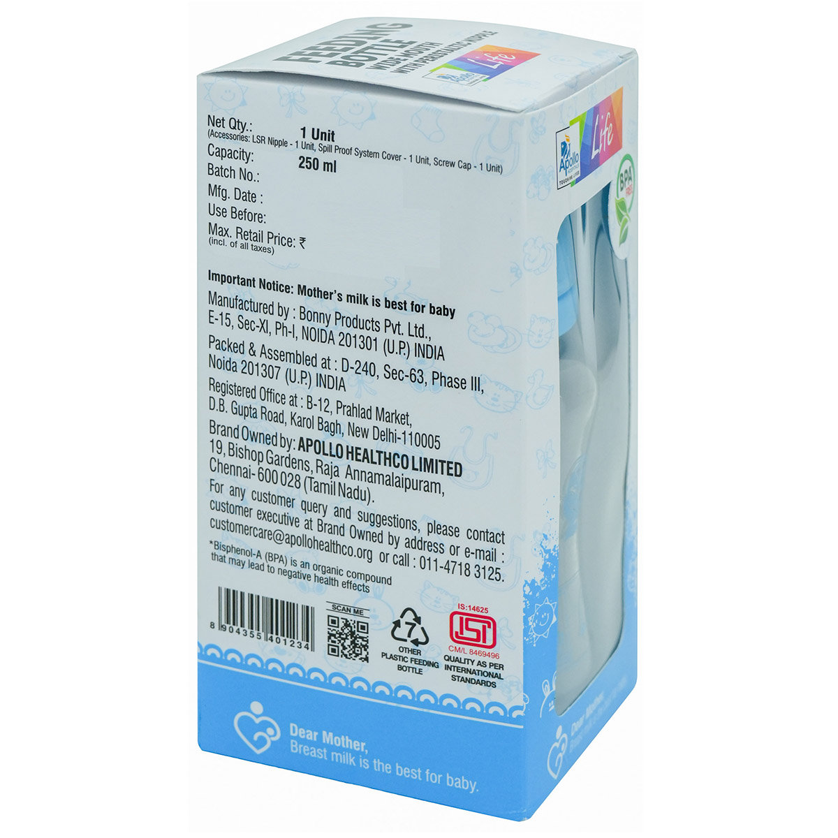 Apollo Life Feeding Bottle with Peristaltic Nipple, 250 ml, Pack of 1 Apollo Life Feeding Bottle with Peristaltic Nipple, 250 ml, Pack of 1