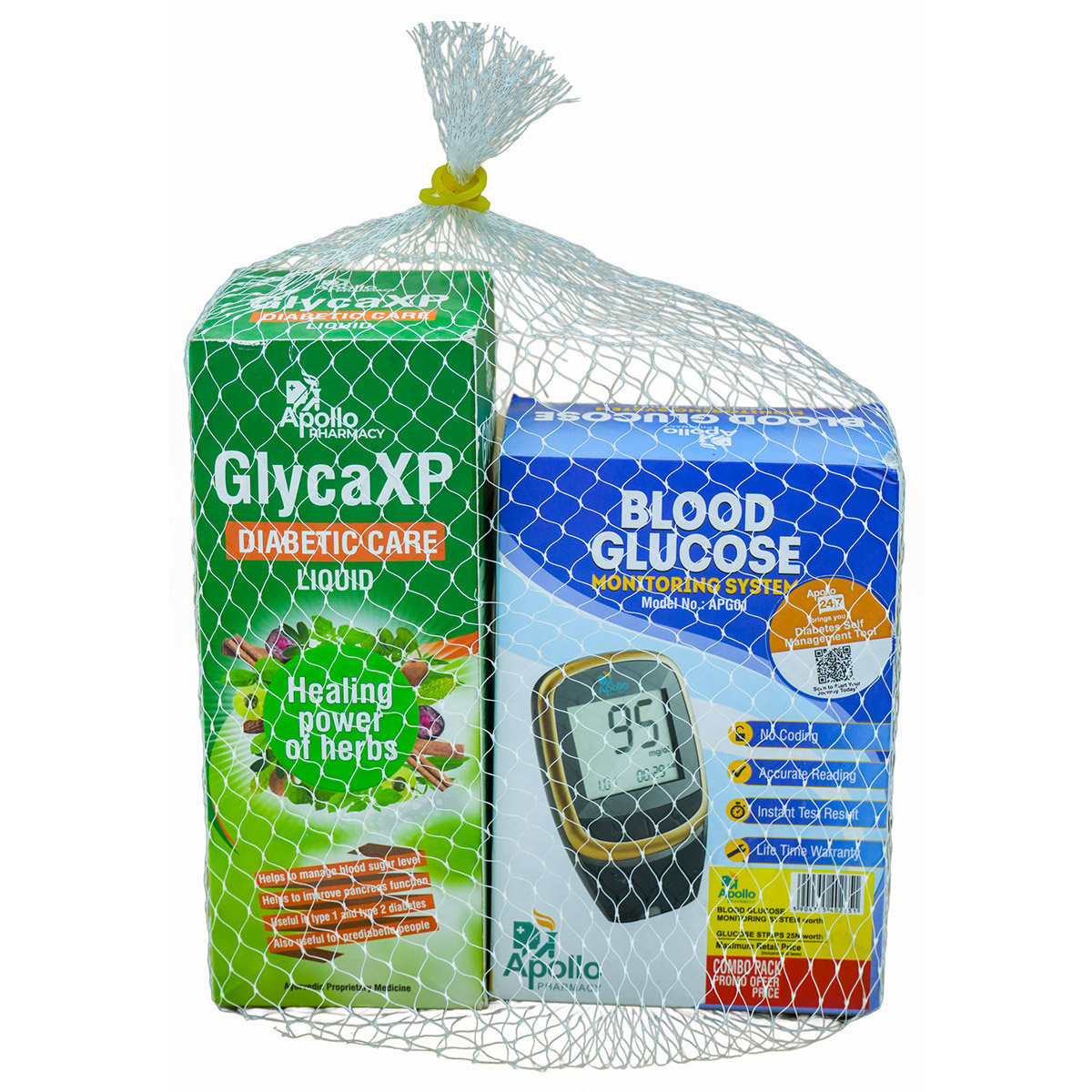 Apollo Pharmacy GlycaXP + Apollo Pharmacy Glucometer Combo Pack, 1 Kit, Pack of 1 Apollo Pharmacy GlycaXP + Apollo Pharmacy Glucometer Combo Pack, 1 Kit, Pack of 1