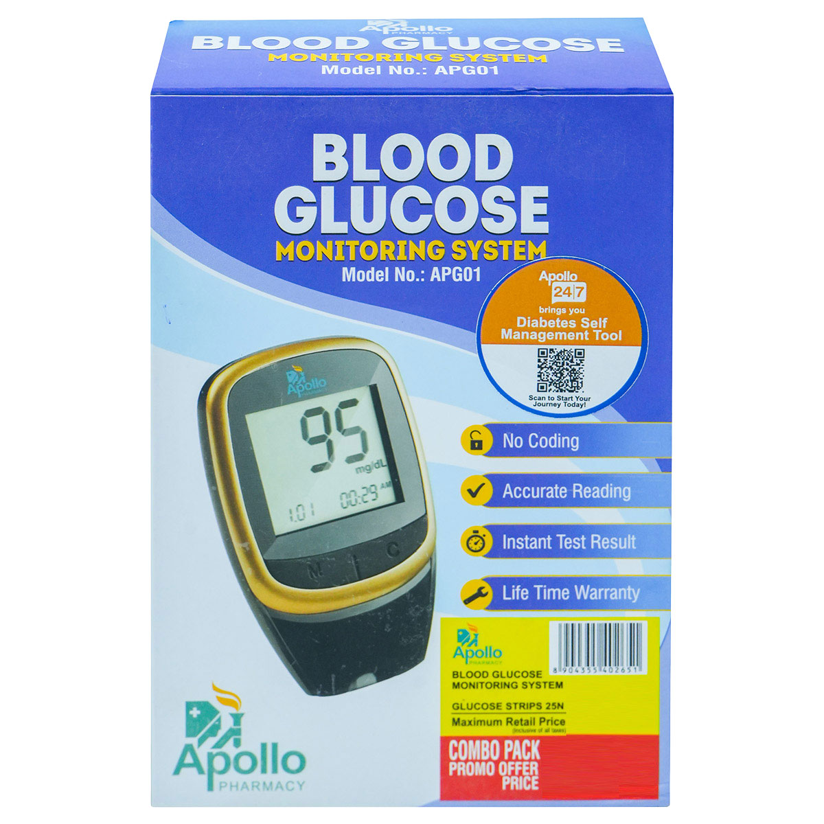 Apollo Pharmacy GlycaXP + Apollo Pharmacy Glucometer Combo Pack, 1 Kit, Pack of 1 Apollo Pharmacy GlycaXP + Apollo Pharmacy Glucometer Combo Pack, 1 Kit, Pack of 1