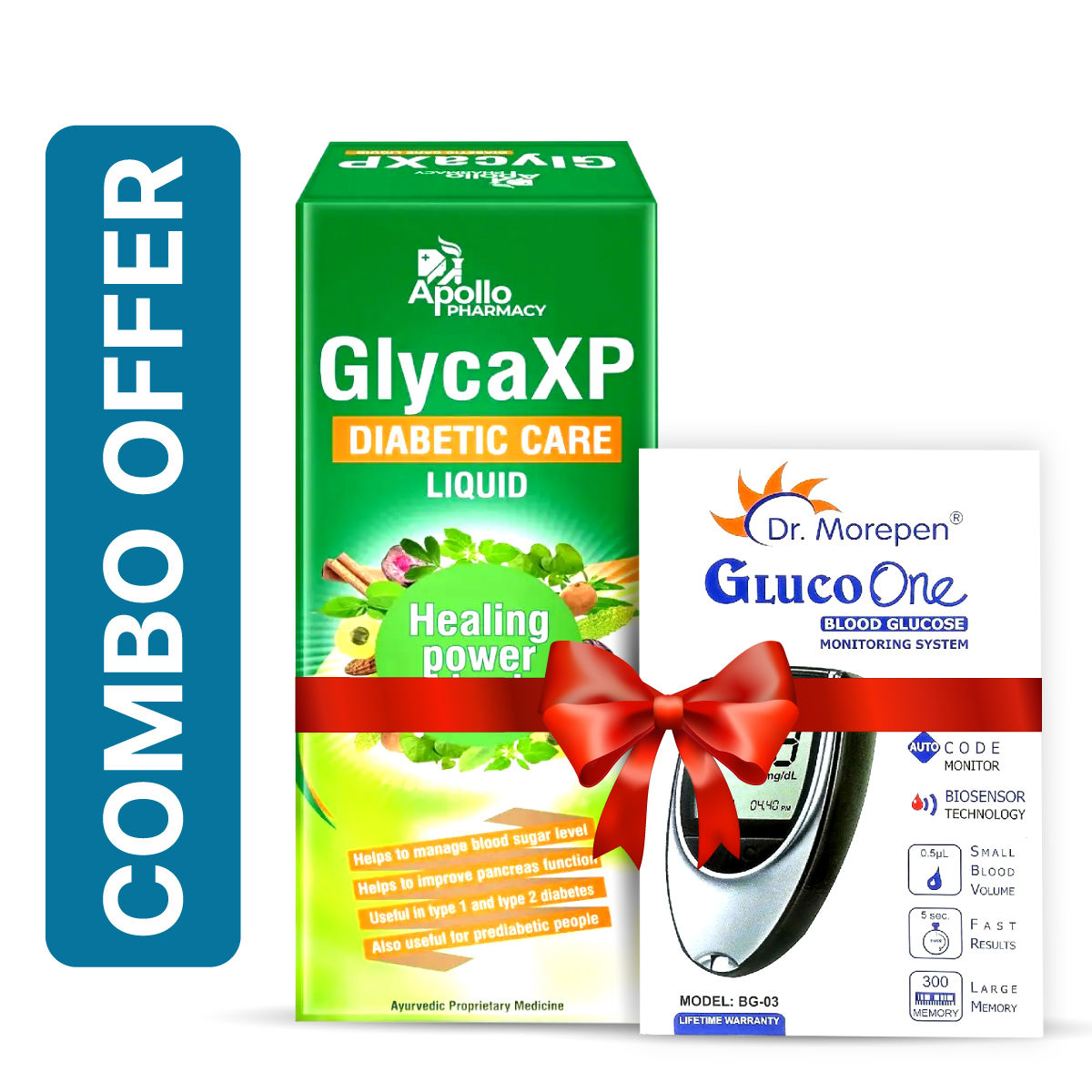 Apollo Pharmacy GlycaXP + Dr. Morepen Glucometer Combo Pack, 1 Kit, Pack of 1 