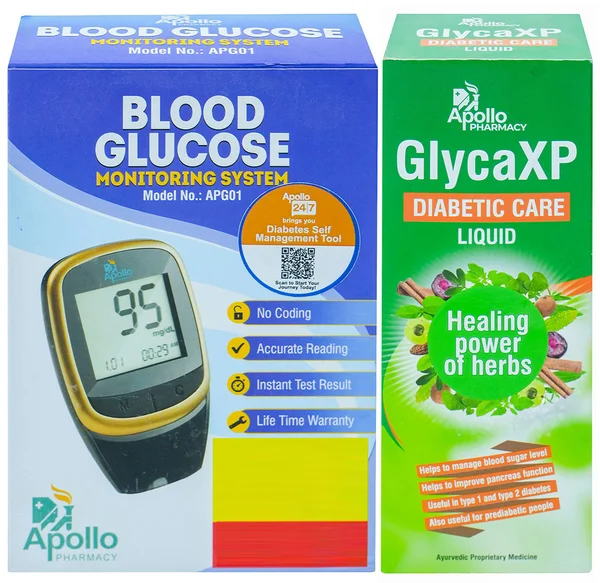 Apollo Pharmacy GlycaXP + Apollo Pharmacy Glucometer Combo Pack, 1 Kit