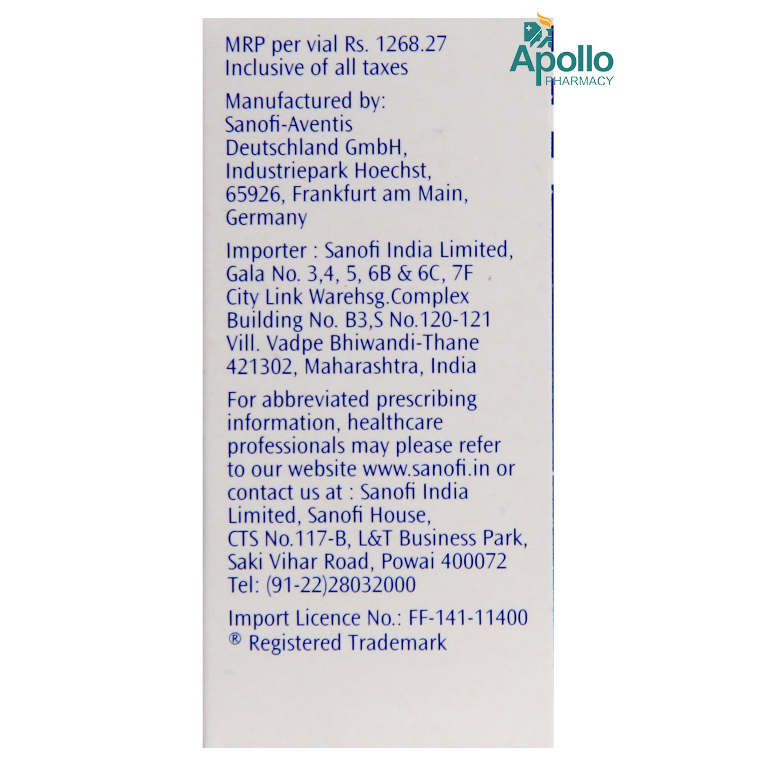 Apidra 100IU / ml Injection 10 ml, Pack of 1 Injection Apidra 100IU / ml Injection 10 ml, Pack of 1 Injection